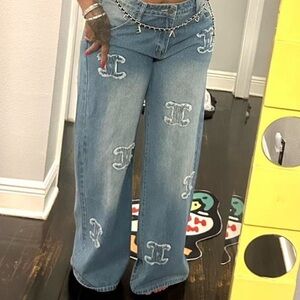 Luxury Embroidered Logo Wide Leg Jeans